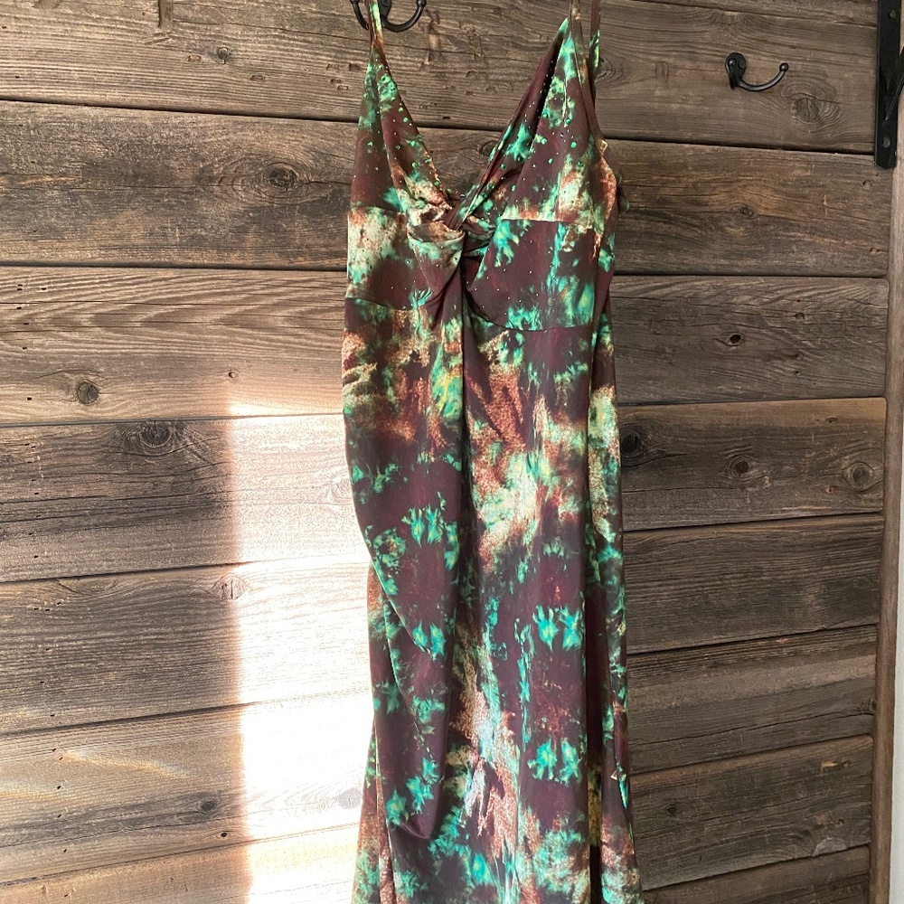 Brown with green semi long dress
